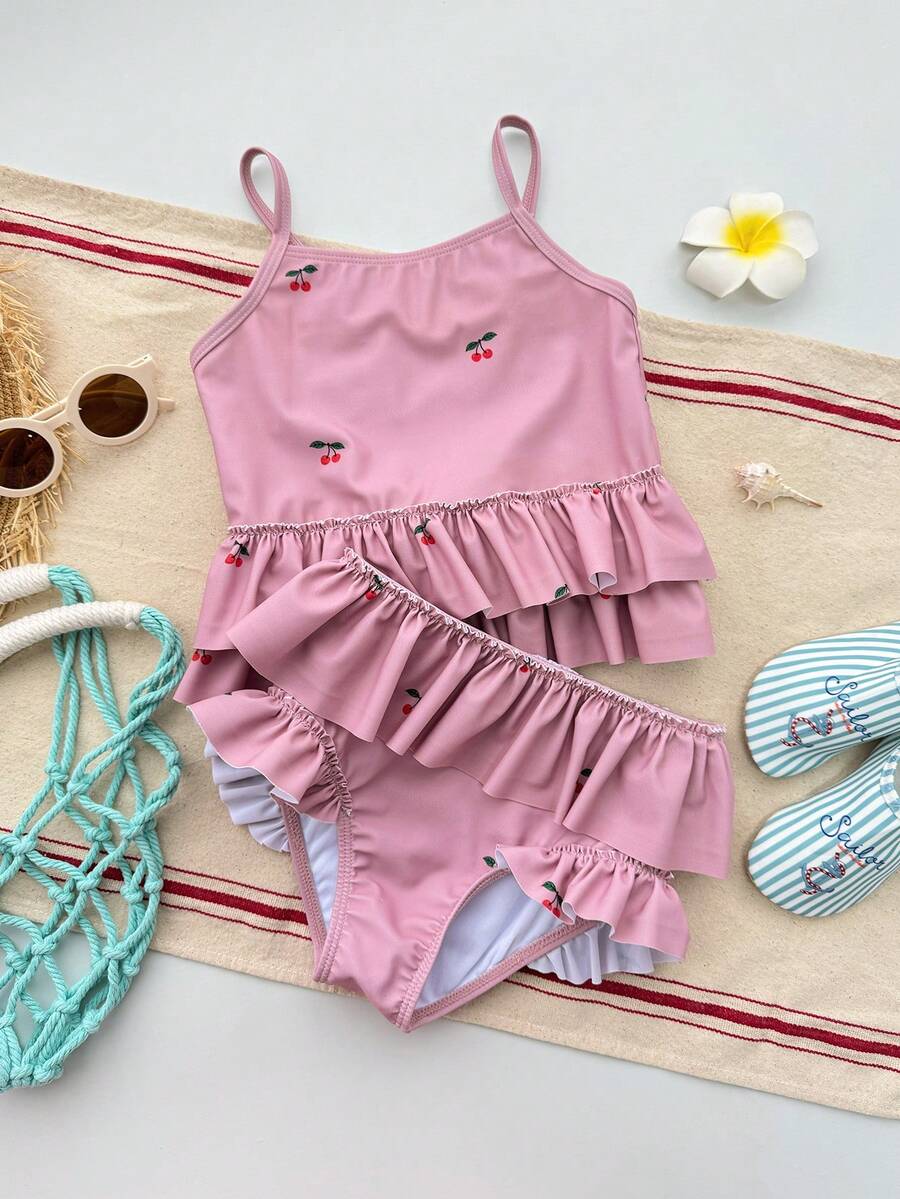 DAZY Young Girl Cherry Print Ruffle Trim Bikini Set, Summer Beach Vacation - Pink - View 1