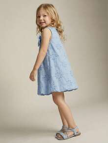 Maija Kids Young Girl Blue Embroidered Bow Decor Round Neck Sleeveless Casual Dress,Kids - Blue - View 2