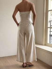 DAZY 女士宽松腰部褶皱连体裤 - 杏色 - 查看 3