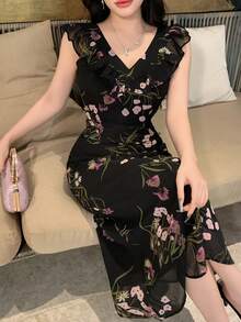 DAZY Women's Elegant Floral Print Ruffle Trim Square Neck Dress, Summer - Black - View 2