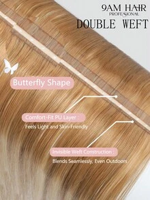 9AM HAIR 蝴蝶结发片，真人发，无胶 OVO PU 孔，手工编织，隐形 DIY 双层发片，直发，1 片装，16 英寸 - S10/10/22 - 查看 5