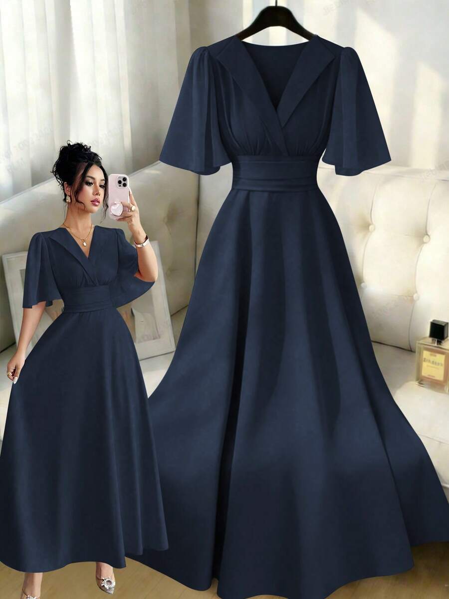 Elenzga New Women's Collared Waist Pleated Chiffon Patchwork Ruffle Sleeve Design Casual Vacation Everyday Elegant Dress - Royal Blue - View 1