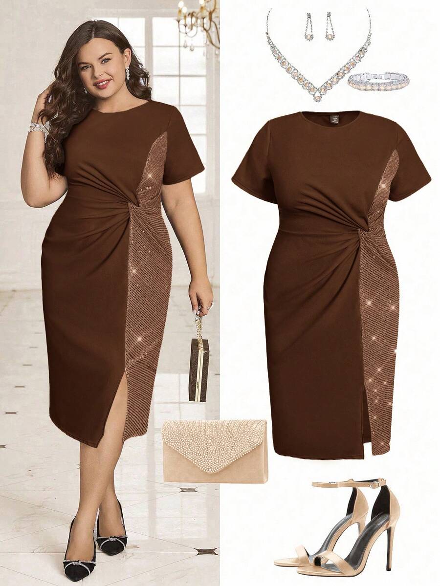Ellevyn Đầm cỡ lớn thanh lịch phối màu tương phản đính sequin, cổ tròn, tay ngắn, xẻ tà. - Màu nâu Mocha - Xem 1