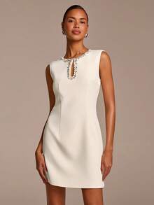 COSMINA Women's Elegant Sleeveless Crystal Teardrop Collar Mini Dress, Versatile For Commute, Office, Dates, Parties, Spring - White - View 5