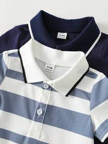 SHEIN Set de 2 piezas de pelele y pantalones cortos de manga corta con cuello de contraste para bebé niño - Azul - Ver 4