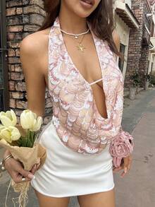 Serisse 女士亮片装饰深V领性感时尚露背上衣 - 藕粉色 - 查看 1
