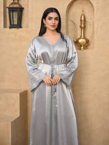 DAZY Women's Embroidered Loose Long Robe Dress - Grey - View 1
