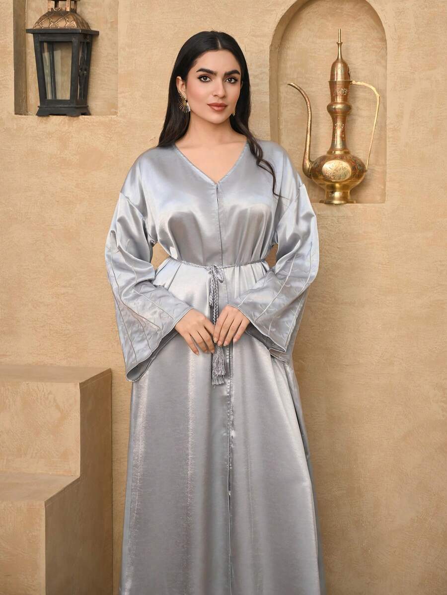 DAZY Women's Embroidered Loose Long Robe Dress - Grey - View 1