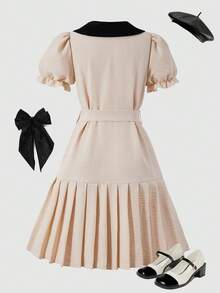 SHEIN 1 pieza Vestido de niña con cuello y tela texturizada con cinturón - Albaricoque - Ver 2