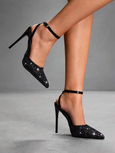 CUCCOO SZL Women Shoes Pointed Thin High Heel Black Glitter Ankle Strap Slingback Women's Shoes Simple Elegant Fashion Sexy Party Banquet Nightclub Women's High Heel Shoes Women's Shoes