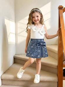 Conjunto de 2 piezas de verano para cumpleaños de niña joven, top blanco acanalado con hombro asimétrico y flores 3D, conjunto de falda-pantalón vaquera con lazo de cuentas para salidas diarias - Blanco - Ver 4