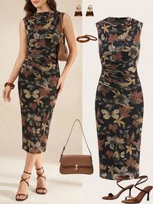 Ellevyn Women's Elegant Maple Leaf & Butterfly Print Ruched Waist Fitted Mid-Length Dress, Suitable For Various Occasions, Graceful Summer Holiday Attire - Multicolor - View 1