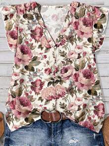 EMERY ROSE Camisa casual minimalista con estampado floral, adecuada para vacaciones de verano y citas - Multicolor - Ver 5