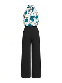 Ellevyn Women's Floral Print Ruched Halter Top And Wide Leg Pants Casual 2-Piece Set - Black - View 2