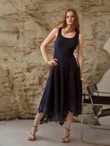 MOTF PREMIUM WOMEN'S SPRING/SUMMER NATURAL ASYMMETRIC A-LINE HOLLOW OUT EMBROIDERED MIDI DENIM DRESS - Navy Blue - View 7