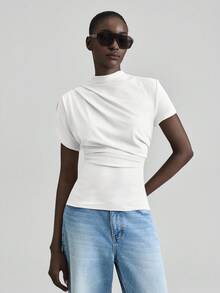 Ontre 2026春夏女士不对称褶皱立领短袖衬衫，都市通勤商务休闲优雅上衣，适合度假、派对、婚礼宾客等场合，夏季穿着 - 白色 - 查看 4