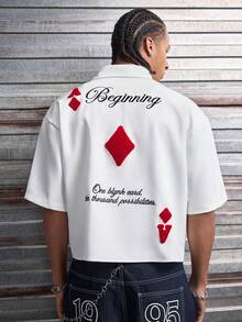 AXEPEAK 男士休闲时尚街头标语刺绣宽松白衬衫，适合夏季日常通勤 - 白色 - 查看 9