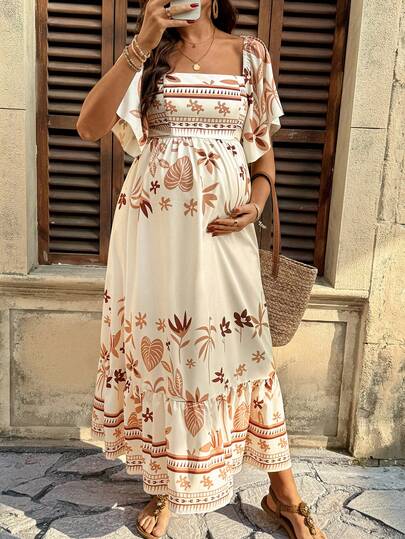 SHEIN Vestido de verano de moda vintage con cuello cuadrado y dobladillo con volantes para maternidad