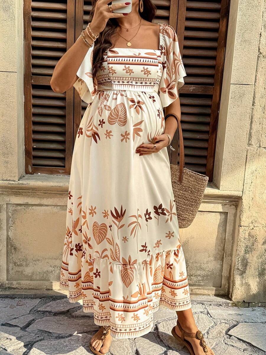 SHEIN Maternity Square Neck Ruffle Hem Vintage Fashion Summer Dress Boho Women Vacation Mediterranean Style Mexican Italian Clothes - Multicolor - View 1