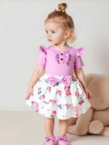 SHEIN 3pcs Baby Girl Sweet Floral Print Bodysuit, Flutter Sleeve Bodysuit, Bowknot Skirt & Headband Set, Summer - Purple - View 4