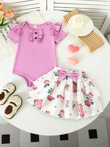 SHEIN 3pcs Baby Girl Sweet Floral Print Bodysuit, Flutter Sleeve Bodysuit, Bowknot Skirt & Headband Set, Summer - Purple - View 5
