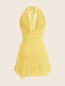 Opulessa Women's Yellow Summer 70s Party Knitted Mesh See-Through Dress,Draped Neck Halter Strap Open Back Design,Bachelorette Beach Vacation Outfits - Light Yellow - View 2