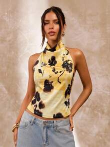 SHEIN BAE Yellow Floral Print Halter Neck Casual Top, Yellow Top, Elegant Top, Vacation Top, Wedding Attire Top, Back To School/Graduation Season Top - Yellow - View 3