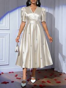 SHEIN Lady Women's V-Neck Rhinestone Decor Elegant Waist Cinched Midi Party Dress - Gold - View 1