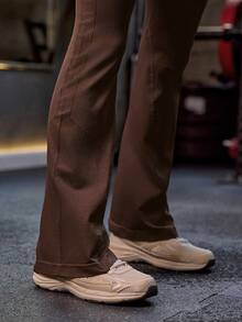 Easithlete 女士弹力高腰纯色喇叭紧身裤，运动服 - 咖啡棕 - 查看 5