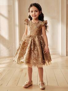 SHEIN Young Girl Lace Embroidery Round Neck Ruffle Hem A-Line Dress - Gold - View 3