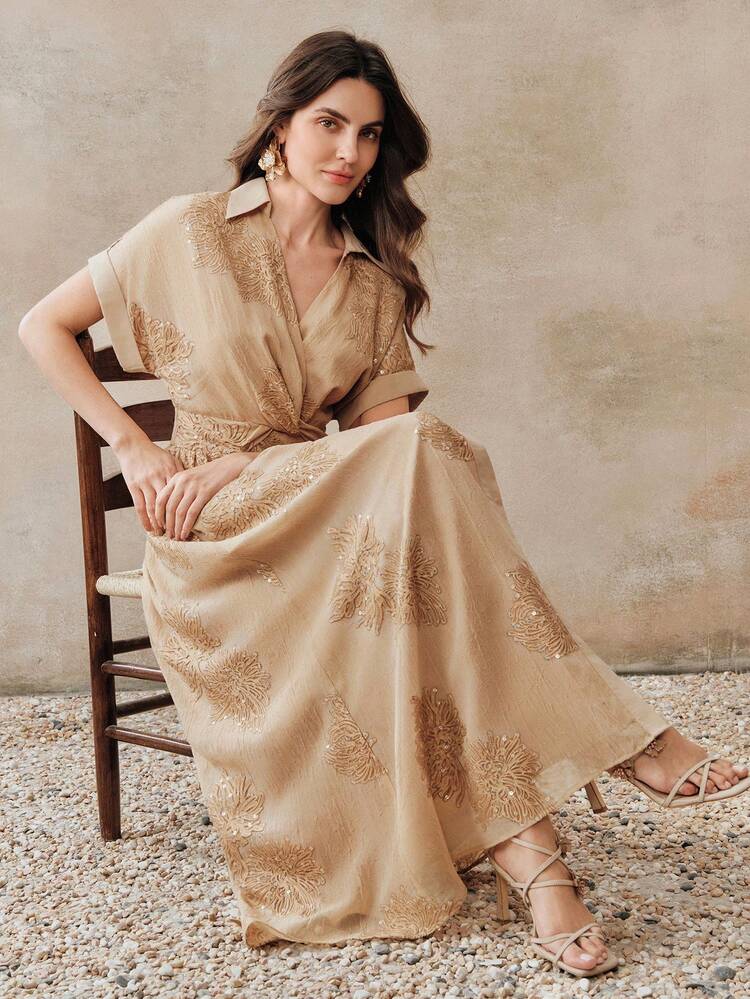 Beige Elegant Embroidered Cinched Waist V-Neck Short Sleeve Long Shirt Dress, Summer Luxury Dress For Women