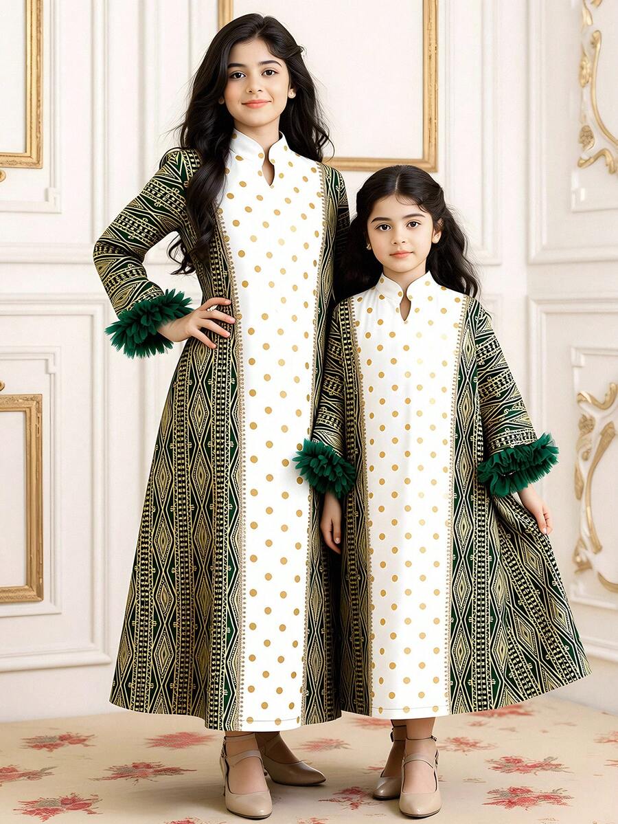 Long Three Quarter Sleeve Young Girl Dress In Green Fabric With Christmas Pattern Fringes - Green - View 1