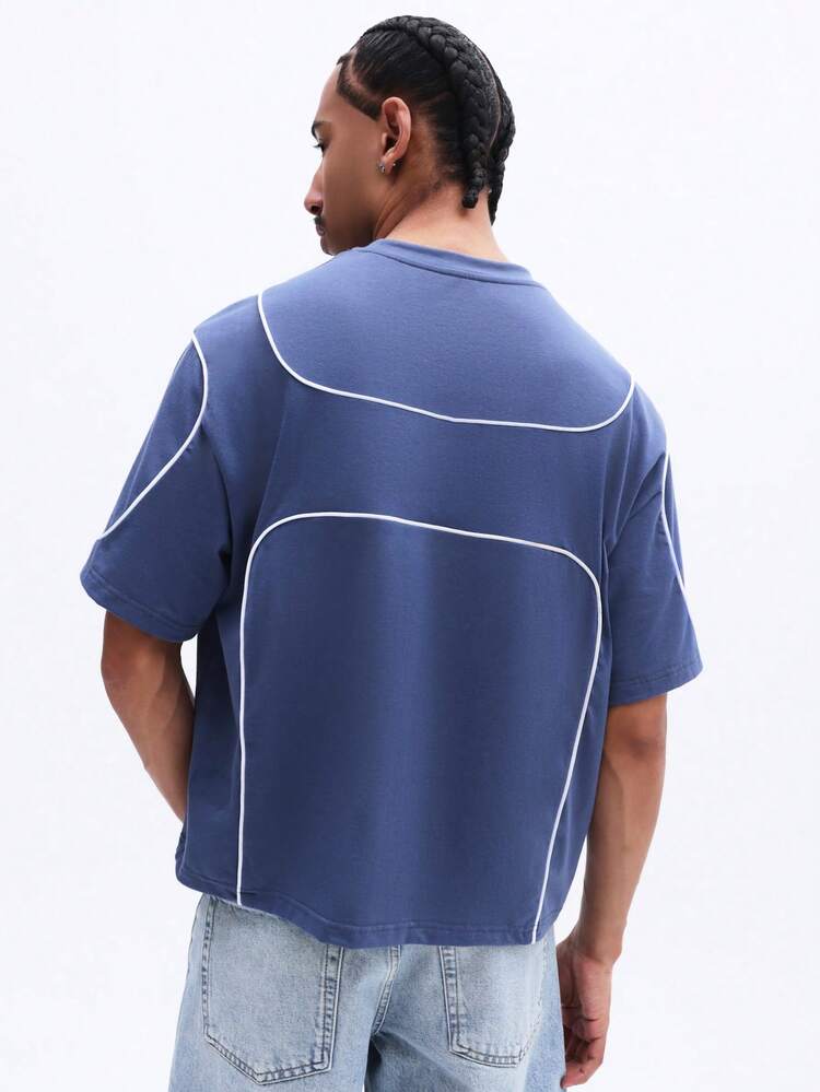 SUMWON Blue Crew Neck Tee With White Piping
