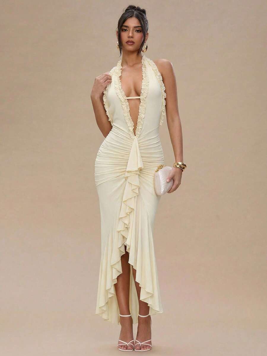 SHEIN BAE 优雅女士长裙，深 V 领，吊带设计，露背，褶皱紧身胸衣和高开衩，适合节日、派对、浪漫约会、与朋友聚会 - 杏色 - 查看 1