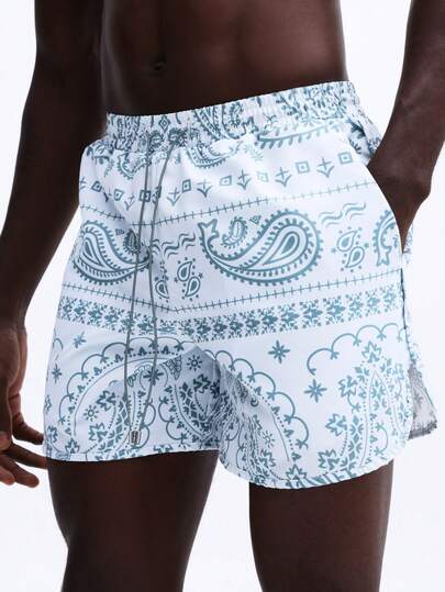 SUMWON Men's Paisley Print Swim Trunks With Drawstring Waist For Summer Beach Vacation Poolside Swimming Quick Access Side Pockets Colorful Bandana