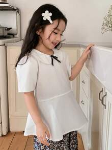 DAZY Young Girls Peter Pan Collar Solid Color Bowknot Fresh Shirt - White - View 3