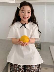 DAZY Young Girls Peter Pan Collar Solid Color Bowknot Fresh Shirt - White - View 5
