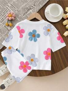 SHEIN 女童休闲时尚舒适简约花卉印花 T 恤和短裤套装，春夏 - 彩色 - 查看 2