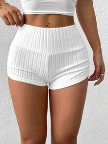 SHEIN EZwear Slim Fit Ribbed Knit Ruched Shorts, Summer - White - View 7