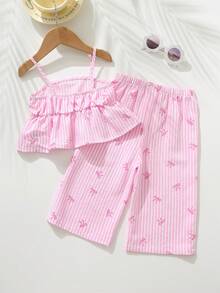 Cozy Pixies 2件套女婴碎花吊带背心和松紧腰裤套装 - 粉色 - 查看 2