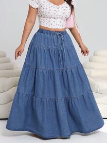 Solflare Plus Size Women Casual Denim Skirt With Waist Tie And Ruffle Hem, Spring/Summer,Carnival Women Look 2026,Going Out Outfits, Holiday Outfits - Blue - View 6