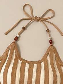 Muvela New Khaki Striped Adjustable Beaded Tie-Up Neck Knit Top, Elegant Urban Commuter Wear For Women, Spring/Summer - Coffee Brown - View 4