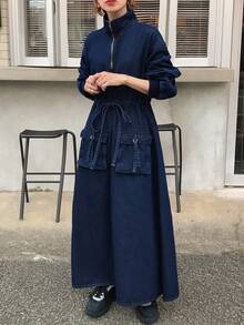FRIFUL Women's Drop Shoulder Long Sleeve Zip Front Belted Waist Utility Pocket Casual Denim Dress Maxi Dress - Blue - View 6