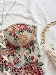 Soleia Going Out Outfits  Summer Holiday Outfits Women's Floral Jacquard Eyelet Lace-Up Design Fashion Bandeau Top - Multicolor - View 3