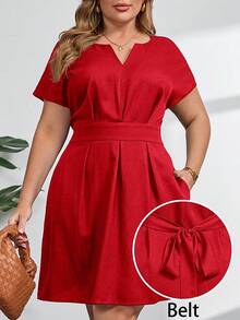 SHEIN Clasi 大码纯色V领系带优雅夏季连衣裙 - 紅色 - 查看 1
