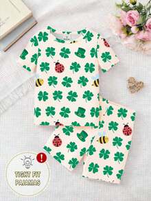 1 Set de pijama ajustado para niñas, estampado de trébol, abeja de dibujos animados y animal en primavera/verano, con top de manga corta y pantalones cortos de punto para uso en casa - Albaricoque - Ver 3