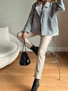 EURMUSE Women's Fashion PU Leather Drawstring Waist Pocket Long Pants - Beige - View 4