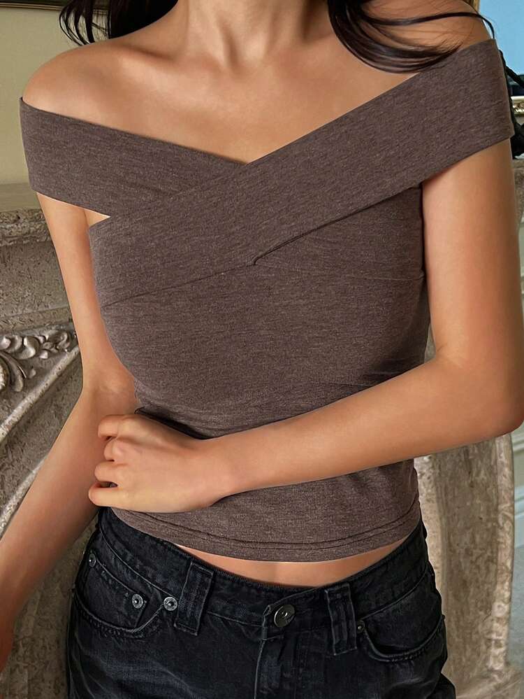 Women's Solid Color Off-Shoulder Fitted Fashion T-Shirt Summer
