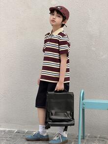 DAZY Camiseta de manga corta con cuarto de botón y rayas para niños preadolescentes en verano - Marrón - Ver 6