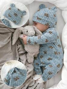 SHEIN 2pcs Baby Boy Set: Ribbed Fabric Bear Print Long Sleeve Romper & 3D Bear Ear Hat, Suitable For Home, Outing, Vacation And Other Occasions - Blue - View 5